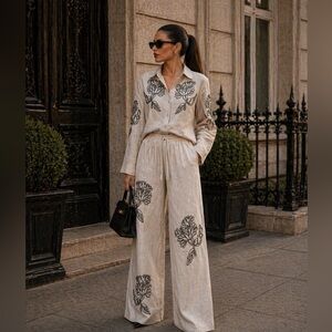 Beige Floral sequins Embroidered Linen blend Pants & Shirt Set from Turkey